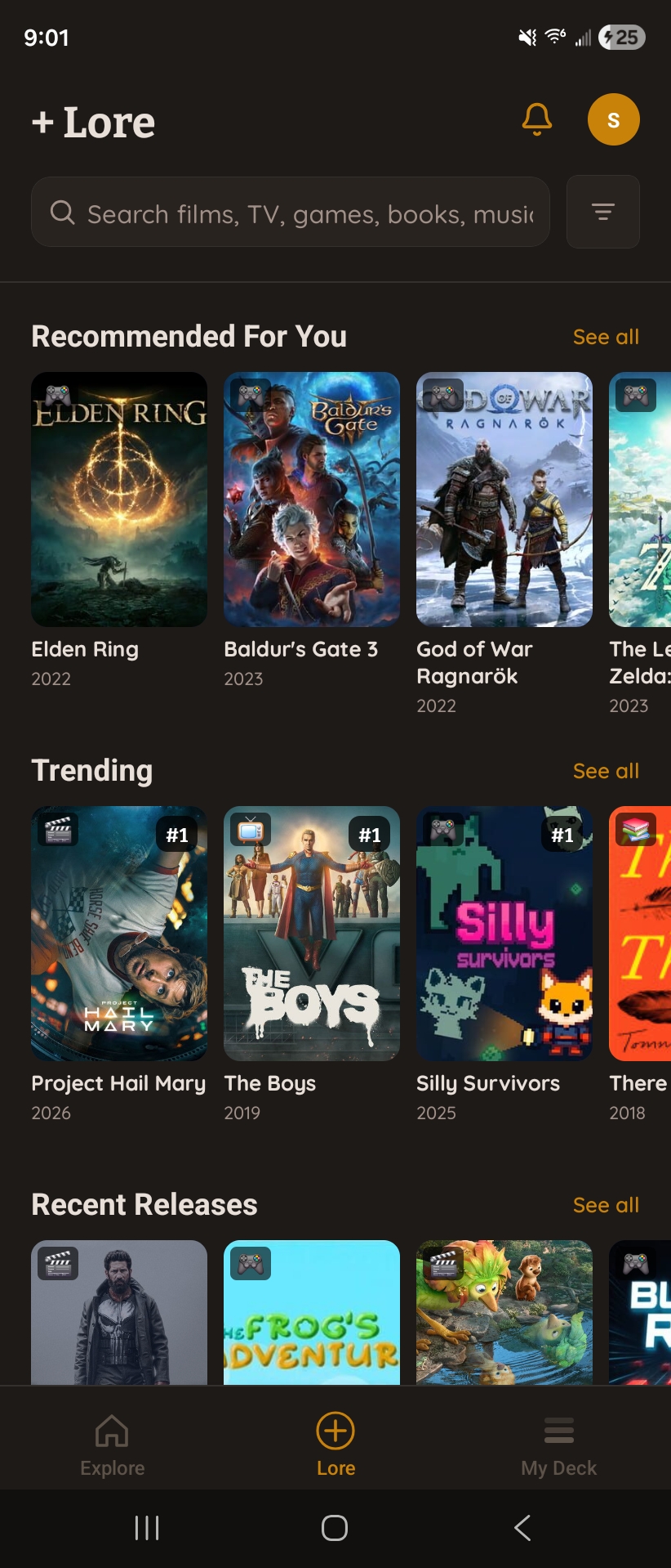 Loredeck Lore screen — Recommended, Trending, and Recent Releases