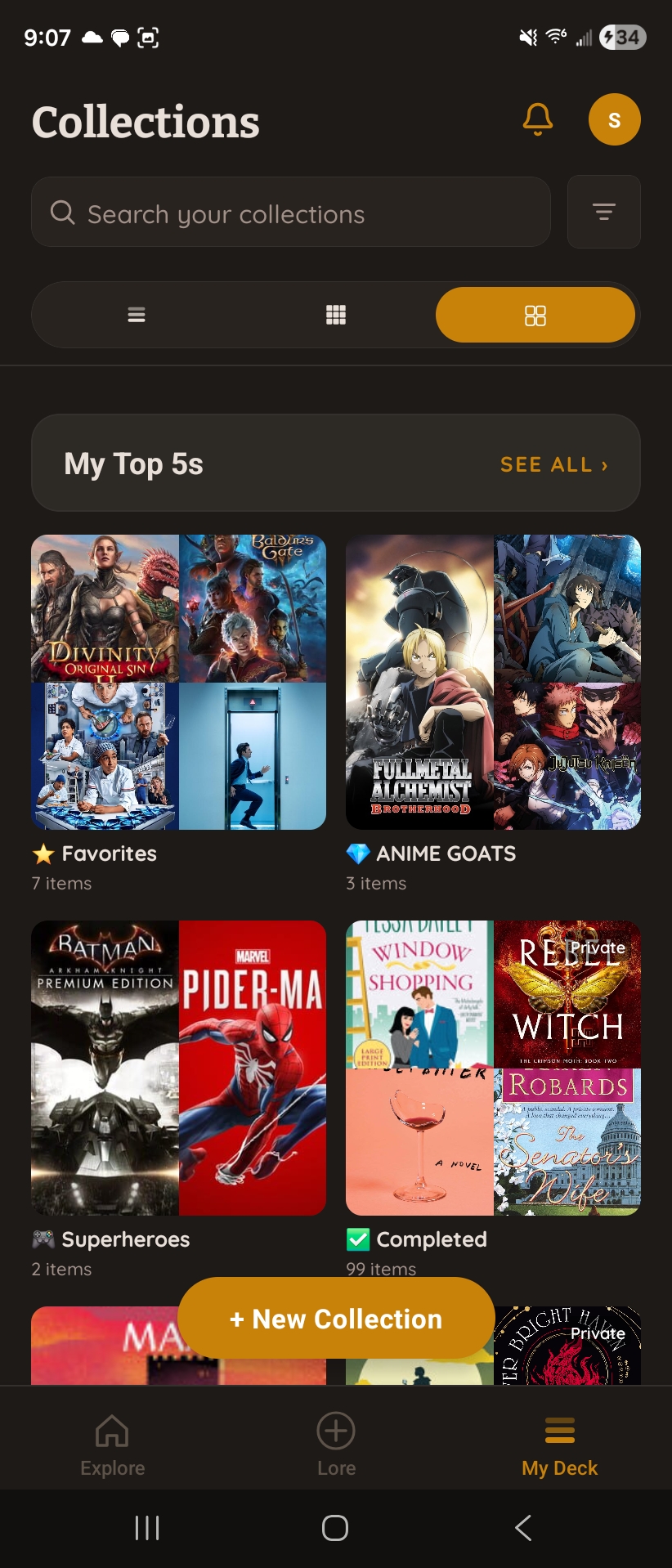 Loredeck Collections screen — My Top 5s, Favorites, Anime Goats, Superheroes, Completed