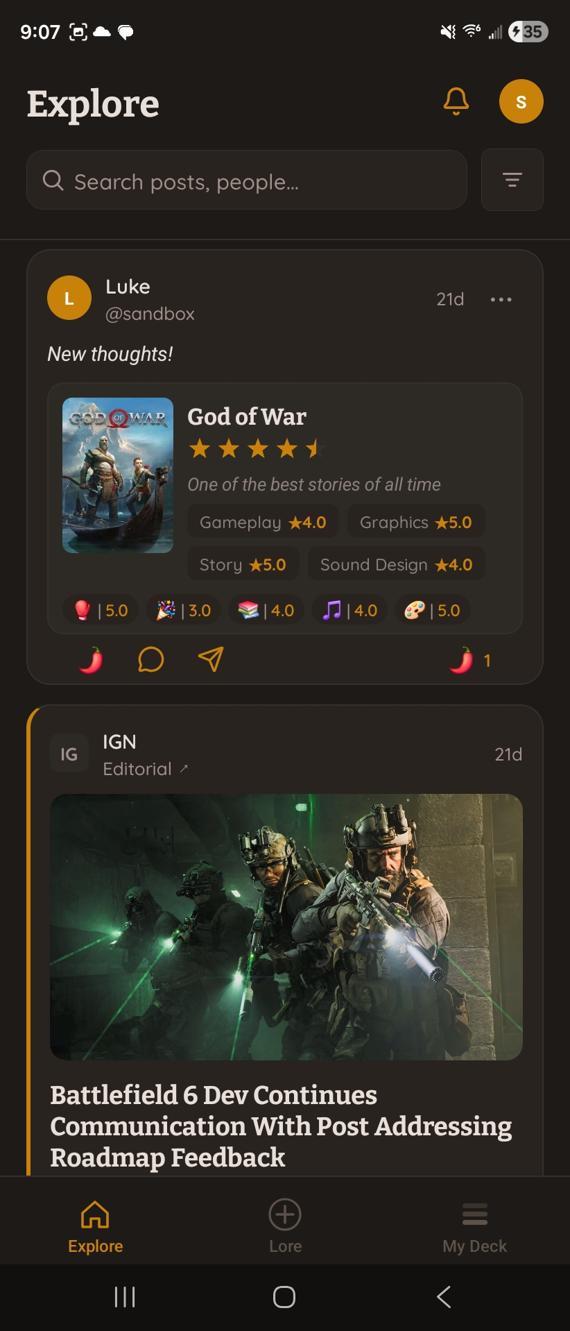 Loredeck Explore feed — God of War review with ratings