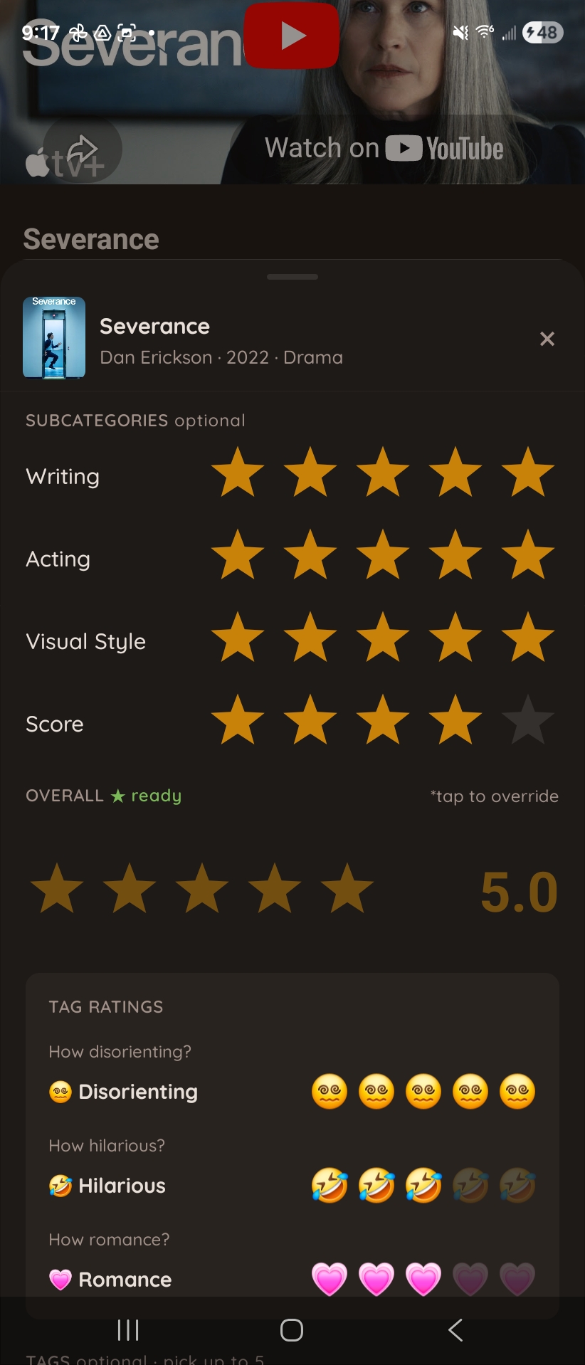 Loredeck Severance rating screen — subcategory star ratings and tag ratings
