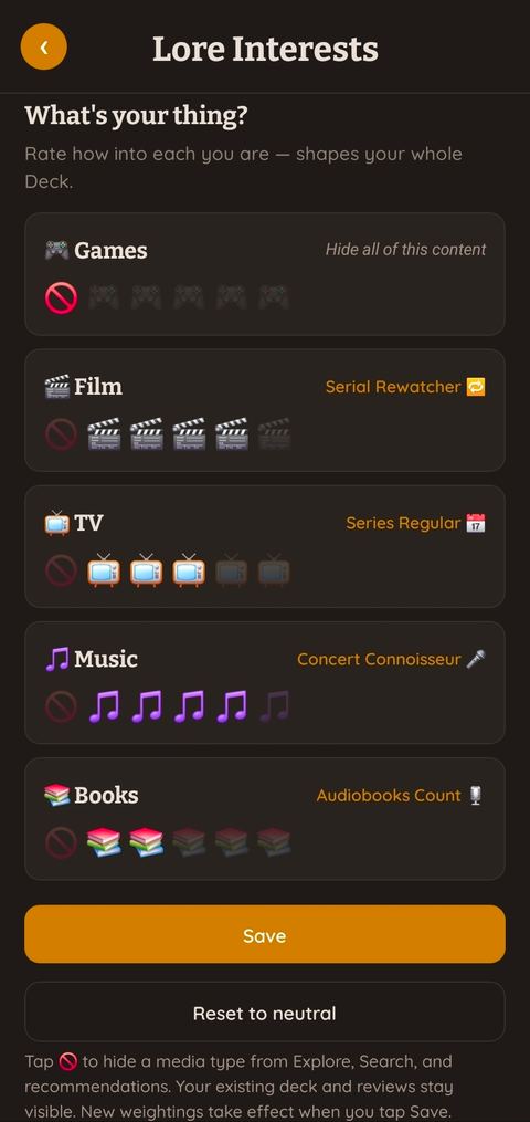 Loredeck lore weightings — how much each medium counts toward your recommendations
