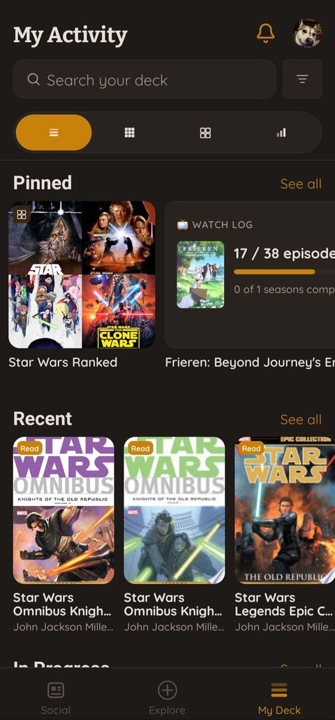 Loredeck My Activity — pinned collections and watch log above recent and in-progress titles