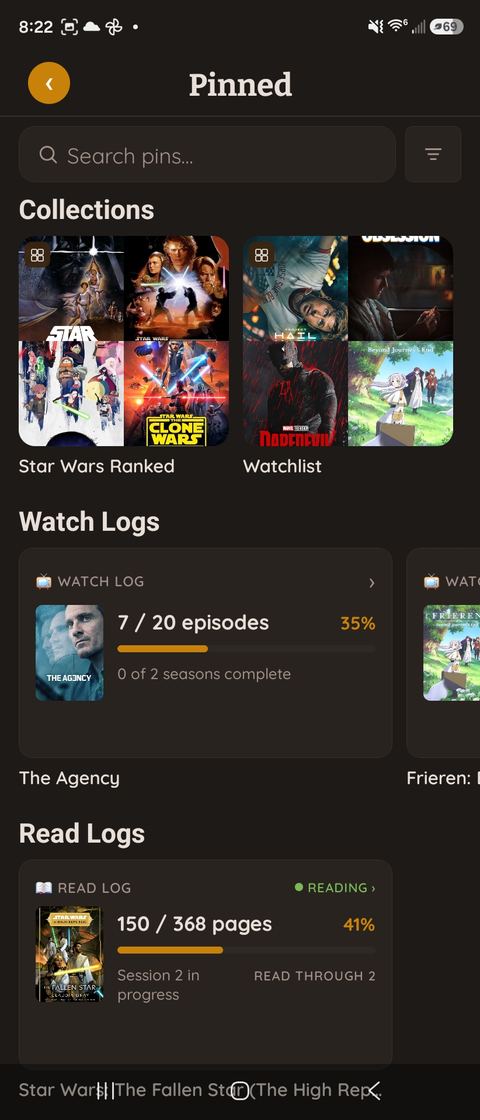 Pinned items at the top of a Loredeck deck
