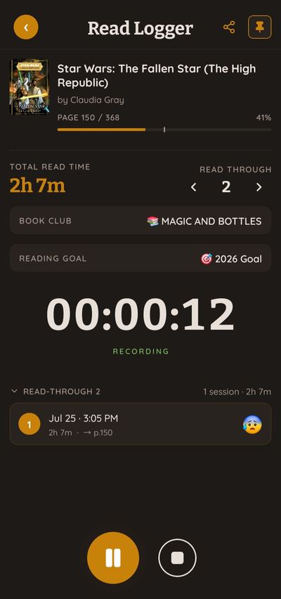 The Loredeck read log — sessions with pages and time
